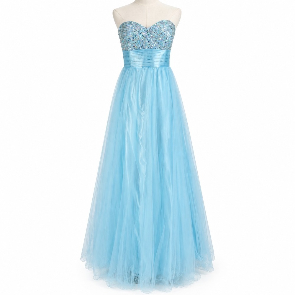 Cecily Brown Prom Dress Large Sky Blue Maxi Gown Sequin Beaded Tulle Princess